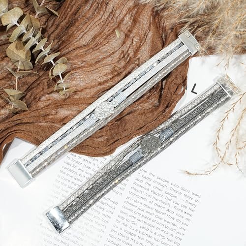 2Pcs Boho Bracelets Woven Leather Multi-Layer Wrap Crystal Bead Bracelet Inlaid Rhinestone Stackable Fashion Women Bracelet Jewelry (Gray + Silver)