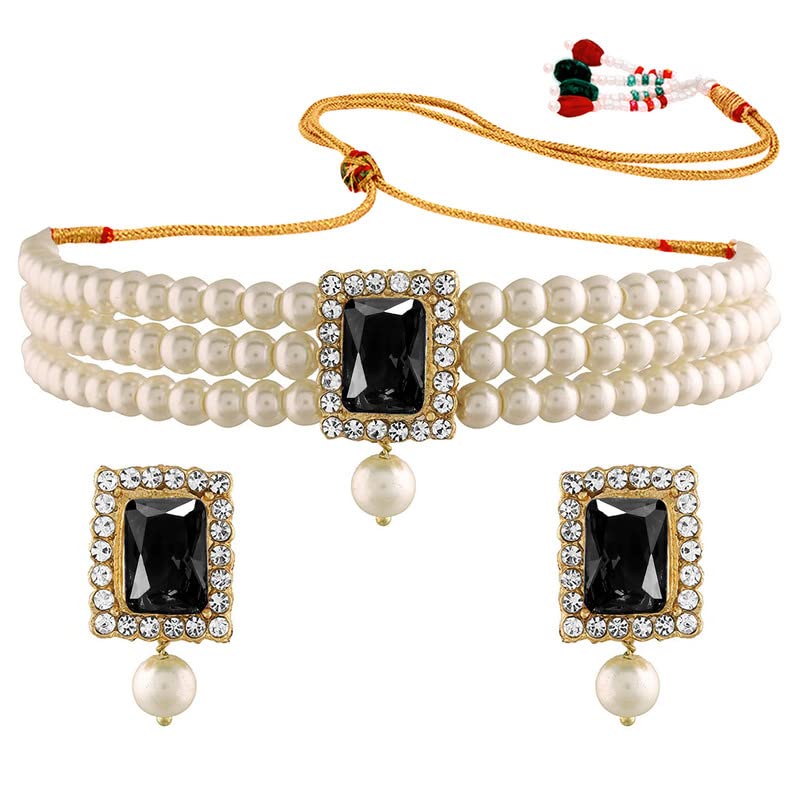 Aheli Ethnic Choker Necklace Earrings Wedding Bollywood Party Jewelry Set Gift for Women - color: Black