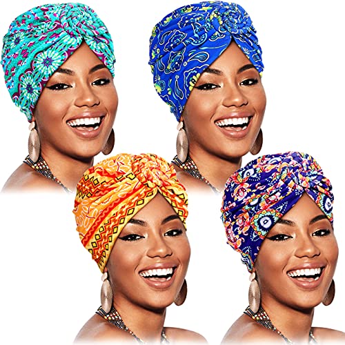 SATINIOR 4 Pieces African Pattern Headwrap Pre-Tied Bonnet Turban Knot Beanie Cap Headwrap Hat - style: Classic