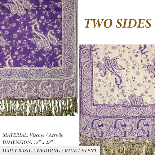 Achillea Reversible Paisley Pashmina Rave Scarf – Exotic Indian Shawls and Wraps for Evening Dresses, Festivals, All Seasons - color: Purple