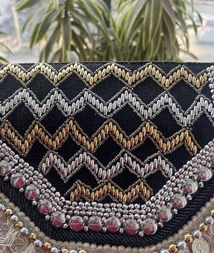 Handcrafted Boho Clutch Purse, Beaded Geometric Pattern with Fringe, Crossbody Evening Bag - color: Black