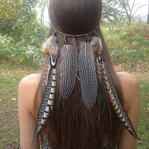WLBON Halloween Boho Feather Headband Hippie Indian Hair Hoops Bands Tassel Bohemian Headpiece Hairband Women Christmas Wedding Holiday Festival Masquerade Cosplay Dress Up Birthday Party Accessories - color: Gray Feather