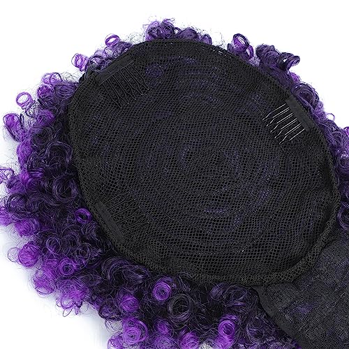 Drawstring Ponytail with Bangs Afro Puff Ponytail Extensions for Women Short Curly Puff Ponytail with Bangs Clip in Wrap Updo Hairpiece(Tpurple) - color: Tpurple