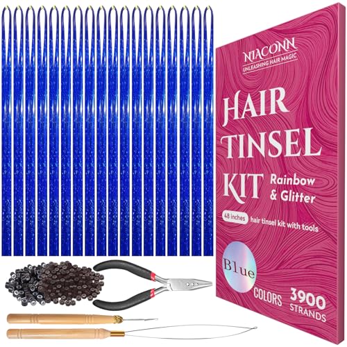 NIACONN Glitter Hair Tinsel Extensions Kit Blue with Tools and Beads, 48 Inch Sparkly Fairy Colorful Tensile Strands Shiny Hair Accessories for Women Girls Kids - color: Blue