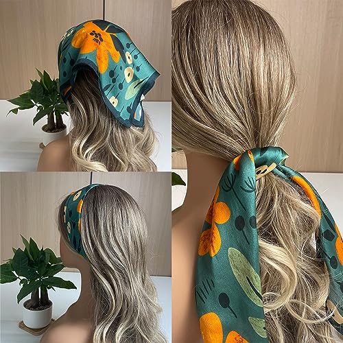 100% Mulberry Silk Neck Scarf 21''x21'' Small Square Hair Scarf for Women Men Lightweight Bandana Envelope Package - color: Floral- Green