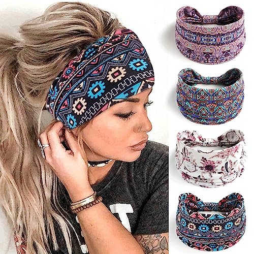 FULZTEY Boho Headbands for Women Chic Floral Printed Hairbands Wide Knotted Turban Elastic Yoga Running Workout Headband African Head Wraps Fashion Hair Accessories for Women Girls 4pcs - color: Style 9