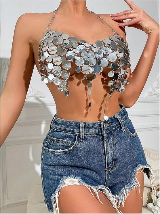 Women's Metallic Sequin Halter Body Chain Top, Adjustable Size, Backless Design, Festival Rave Outfit（Silver）