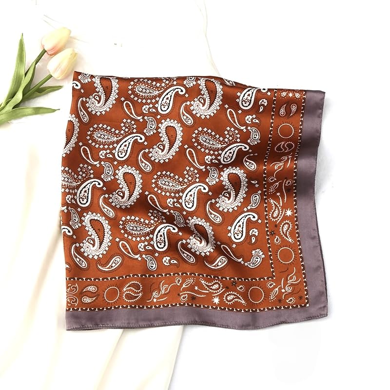 MINIDORA Satin Scarves for Women 27.5 × 27.5 inches Medium Square Elegant Silk Feeling Head Scarf - color: B007-brown