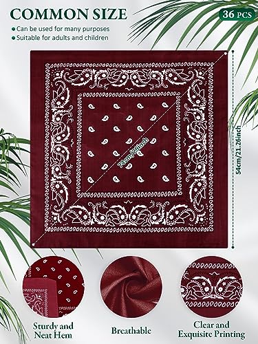 Unittype 36 Pieces Paisley Bandana Cowboy Bandanas Sports Novelty Headband Square Scarf Outdoor for Western Party Costume - color: Wine Red, style: Simple Style