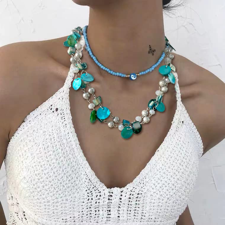 Noessla Layered Beaded Chunky Necklace for Women Boho Two-color Shell Statement Necklace Fashion Collar Costume Jewelry Gifts for Mum - color: 14-Turquoise