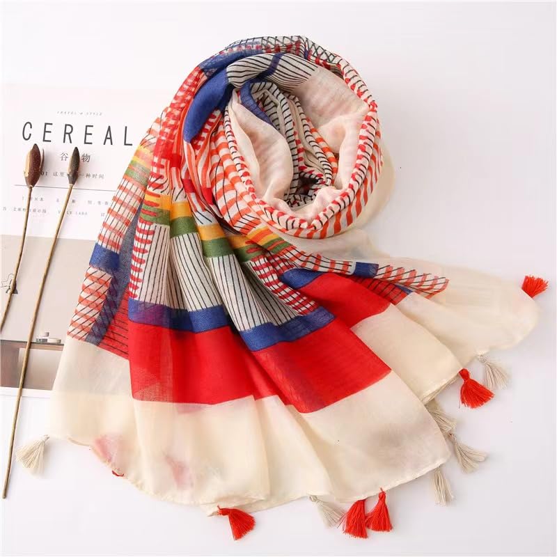 WaJuemy Travel Boho Scarf for Women Casual Lightweight Pashmina Scarves Fashion Multicolor Shawl Wraps with Fringed Beads - color: 02 Beight Multi
