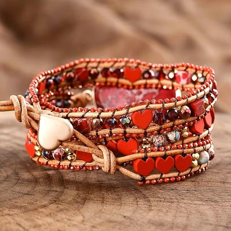 Women Wrap Bracelet Boho Natural Jasper Crystal Stone Beads Strand Bracelets - color: Red Heart