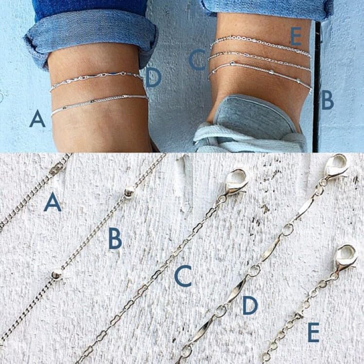 5-Pack Layered Anklet Set for Women, Simple Minimalist Adjustable Anklets, Boho Beach Foot Chain Jewelry, Silver & Gold Tone, Fashion Everyday Accessories, Summer Gifts