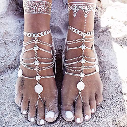 Olbye Silver Barefoot Sandals Foot Chain Jewelry Coin Anklet Bracelet for Women and Girls Beach Wedding Foot Jewelry Pack of 2 - color: Silver