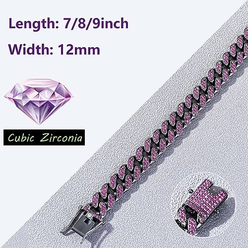 Apzzic Cuban Link Bracelet Iced Out Miami Gold Plated Hip Hop Full CZ Prong Diamond Bracelet with Giftbox Cuban Link Anklets for Men Women - color: Purple-Bracelet