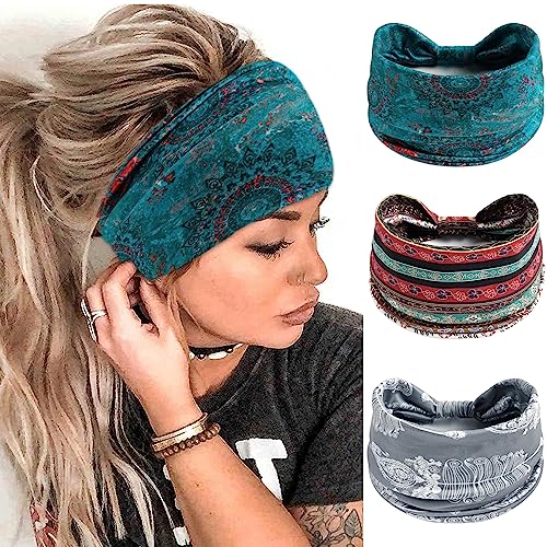 FULZTEY Boho Headbands for Women Wide Head Bands Floral Printed Bandanas Vintage Paisley Turban Stretchy Yoga Workout Hairband African Style Hair Wraps Chic Hair Accessories for Girls 3Pcs - color: Style 45