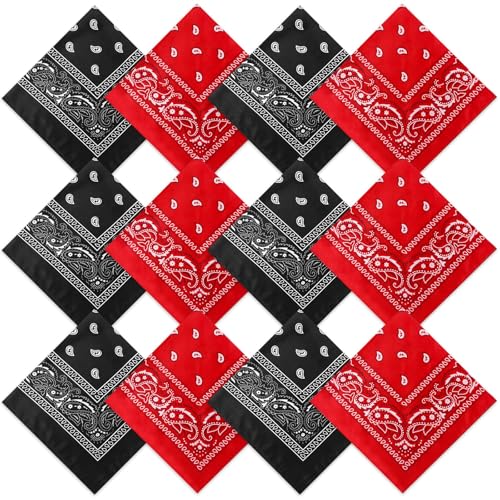 Suhine 12 Pcs Bandanas Bulk for Women Men 22 x 22 Inch Paisley Headband Cowboy Handkerchief Summer Beach Party Costume - color: Red and Black