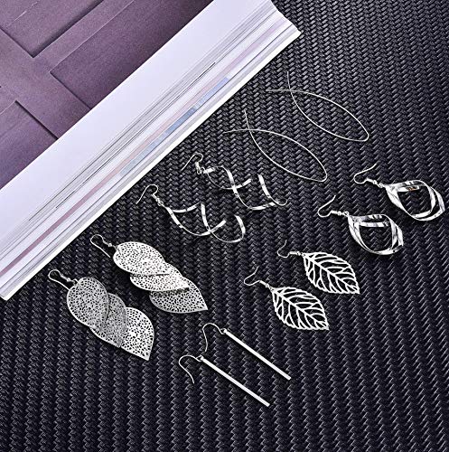FUNEIA 6 Pairs Drop Dangle Earrings for Women Long Bar Double Twist Wave Curved Threader Cut Out Leaf Lightweight Earrings Set - color: A:Silver