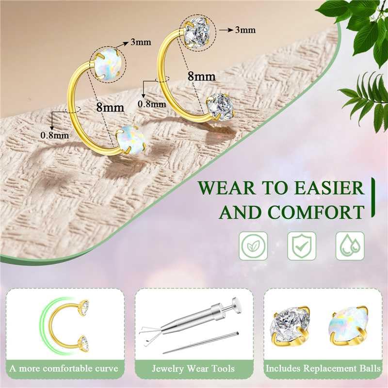 Opal Nose Ring Studs Horseshoe Nose Rings Hoops Stud 316L Stainless Steel Nose Rings Round CZ Square Screw L Shaped Nose Stud Hypoallergenic Nostril Piercing Jewelry for Women Men - color: Gold/3.0mm White gem/20gauge
