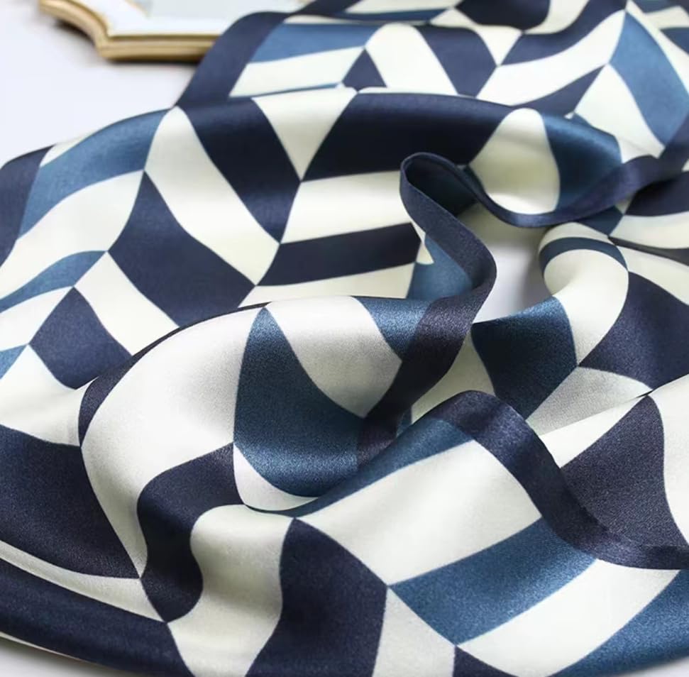 ANDANTINO 100% Silk Scarf for Women 59”*6.3” Long Shawls for Headscarf and Neck- Oblong Hair Wraps with Gift Packed - color: White&blue Geometry