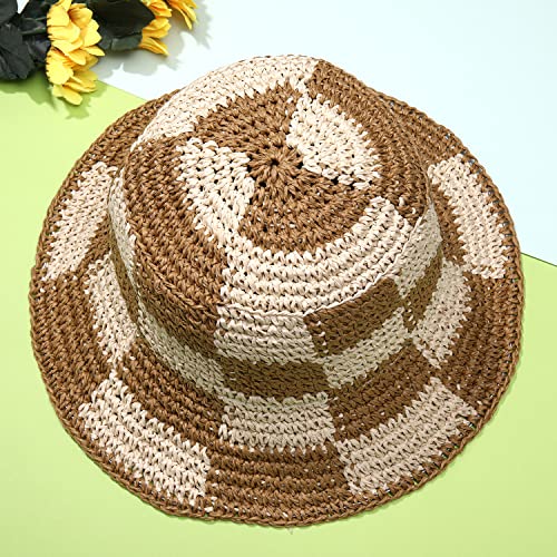Sun Hats Checkerboard Straw Bucket Hat for Women Packable Crochet Wide Brim Floppy Beach Hats Traveling Summer Accessories - color: Beige
