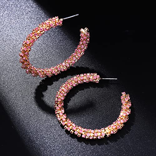 Rhinestone Hoop Earring for Women Sparkly Crystal Wrapped Hoop Dangle Earrings Statement Boho Gold Black Plated CZ Hoop Earring - color: B: Pink