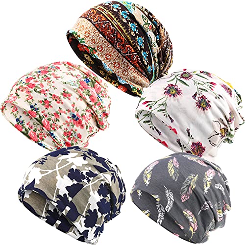 SATINIOR 5 Pieces Women's Slouchy Beanie Chemo Hat Stretch Cancer Head Wraps Sleep Head Scarf for Cancer Patient - color: Multicolor, style: Stylish Style
