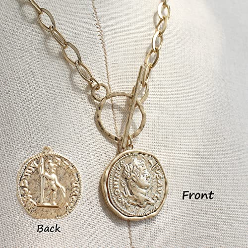 POMINA Chunky Thick Coin Necklace Trendy Fashion Statement Toggle Necklace Worn Gold Tone Pendant Thick Link Chain Layered Pearl Necklace - color: Coin_Worn Gold