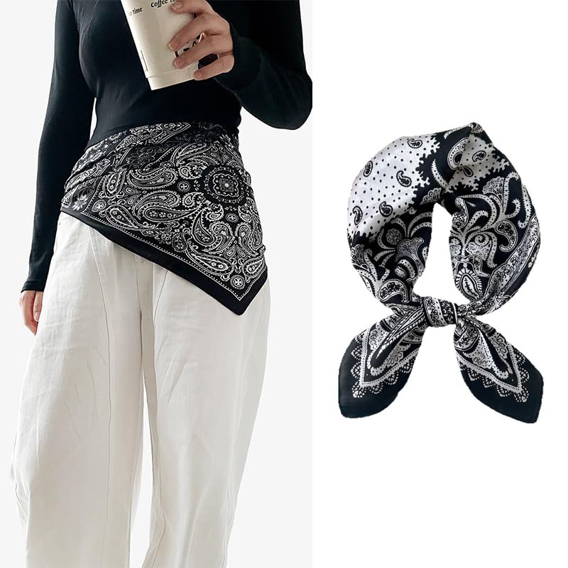 CHUNG Women's Scarf Hair Bandanas Square 27.5" Satin Wrap Fashion Pattern Scarves Emulation Silk Handbag Ribbons Necktie - color: Black Paisley