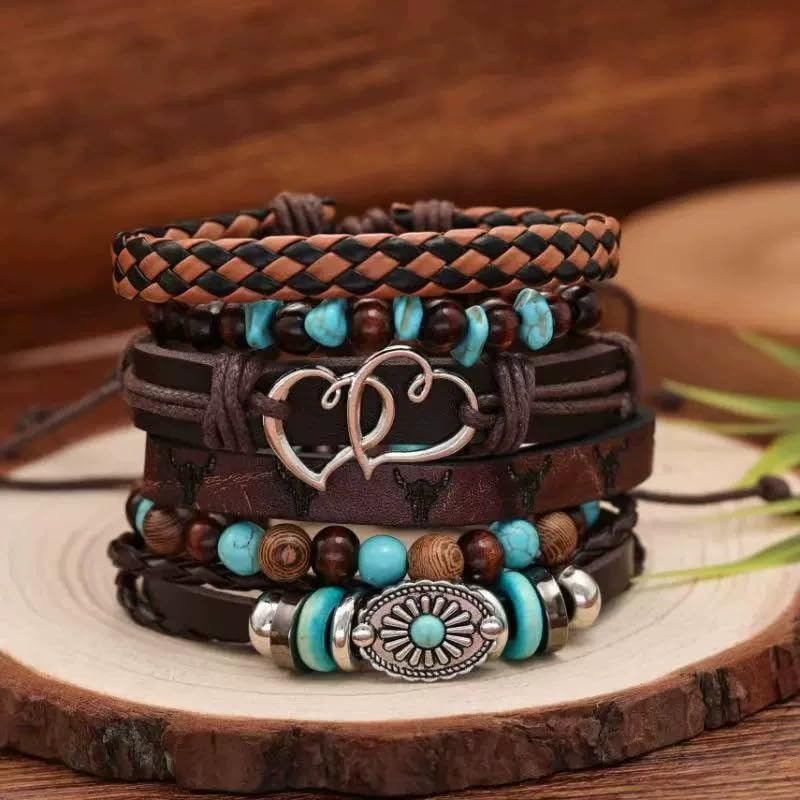 Turquoise Leather Western Bracelets for Women Men Bohemian Retro Turquoise Wrap Bracelets Exquisite Layered Stacked Cowboy Cowgirl Bracelet Western Country Concert Outfits Leather Cuff Bracelet for Women - style: Heart