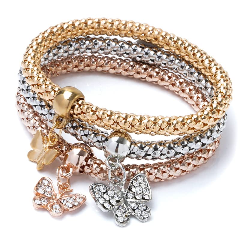 Alegend Titanium Steel (Not Rust, Resist Corruption, Easily Clean) 18K Gold Plated Single Bracelets + 14K Gold Plated Stackable Multilayer Bracelets - style: 14KGold Crystal Butterfly Diamond-Inlaid