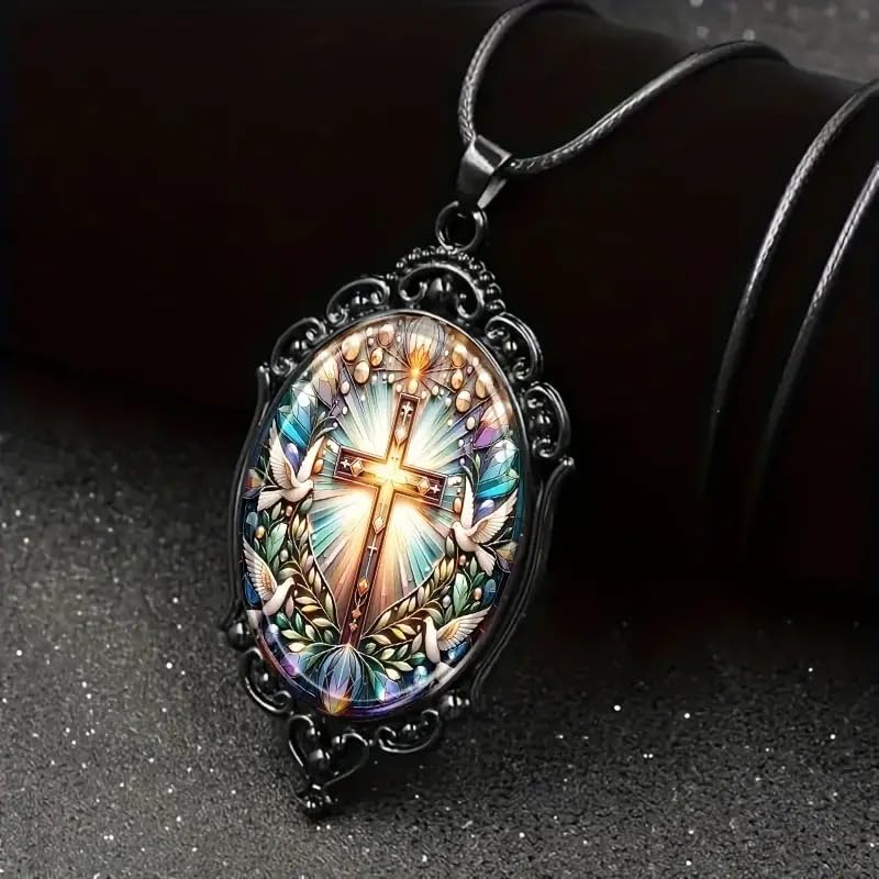 Halloween Gothic Witch Necklaces Cross Glass Pendant Necklace for Women Punk Vintage Black Dark Oval Cameo Necklace Witch Emo Necklaces Halloween Jewelry Witch Accessories 2025 - style: Cross