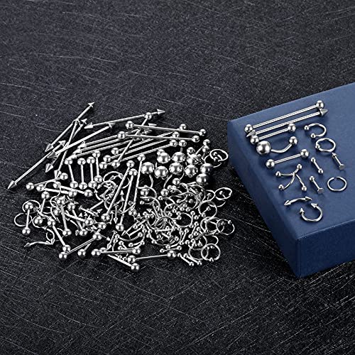 Oveta 150-151PCS Body Piercing Jewelry Lot 14G 16G 20G Stainless Steel Nose Lip Tongue Cartilage Tragus Eyebrow Industrial Barbell Belly Button Rings Piercing Kit Jewelry - style: 150pcs-Silver