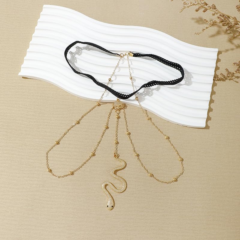 Snake Leg Chain for Women, Sexy Serpent Charm Thigh Garter, Summer Bikini Skirt Beach Party - style: B lace gold-beads