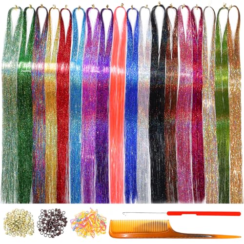 Hair Tinsel Kit 18 Colors 47 Inch Heat Resistant Reusable Stretchable Durable Shiny Hair Tinsel Strands for Women Girls Daily Wear Festival Party Cosplay Halloween Christmas Hair Accessories - color: 18 Colors+Tools, size: 47 Inch
