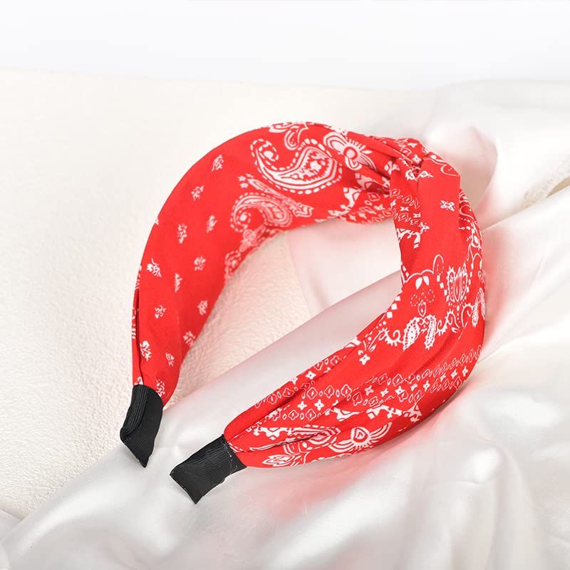 Red Knotted Boho Paisley Headband for Women's Hair - Non-Slip Turban Twist Knot Bandana Hairband - color: red