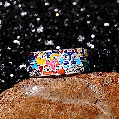 QUSIIOSLK 925 Sterling Silver Enamel Eye Rings Inlay AAA Cubic Zirconia Enamel Ring Boho Retro Turkish Handmade Engraved Coloful Eye Y2K Ring Jewelry Gift for Women 7 - size: 7