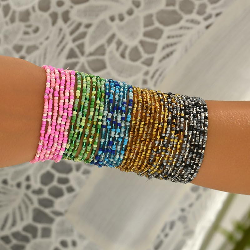 Caiyao 36Pcs Colorful Elastic Seed Beaded Bracelets Set Bohemia Multilayer Rainbow Beaded Stretch Bracelet Anklet Adjustable Glass Beads Wristbands for Women Summer Beach Boho Vaction Jewelry - style: StyleE