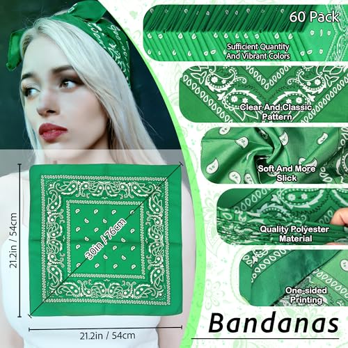 ILHSTY 60 Pcs Women Men Paisley Bandanas Bulk Unisex Bandanas Head Cowboy Scarf Necktie handkerchief Party Supplies - color: Green