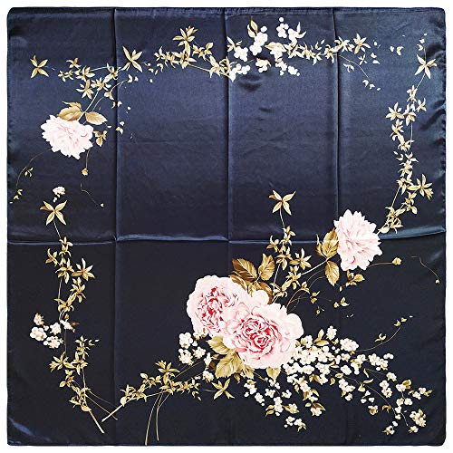 vabovin Satin Head Scarf for Women Silk Like Hair Scarf, 35 x 35 in | Silk Feel Fabric, Hair Wrap for Sleeping, Headscarf and Neck Scarf, Square Bandana Style, Fashion Accessory - color: 020 Navy Blue Peony