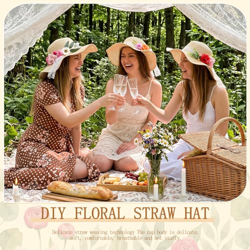 6 Sets DIY Tea Party Straw Hats Kit DIY Straw Hat for Women Blank Sun Hats - style: Wildflower Meadow