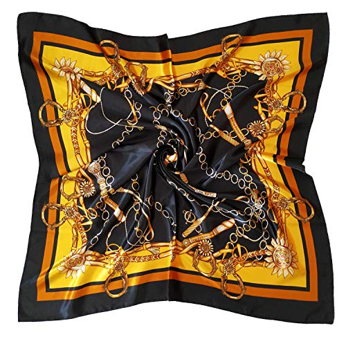 vabovin Satin Head Scarf for Women Silk Like Hair Scarf, 35 x 35 in | Silk Feel Fabric, Hair Wrap for Sleeping, Headscarf and Neck Scarf, Square Bandana Style, Fashion Accessory - color: 014 Black Golden Chain Print