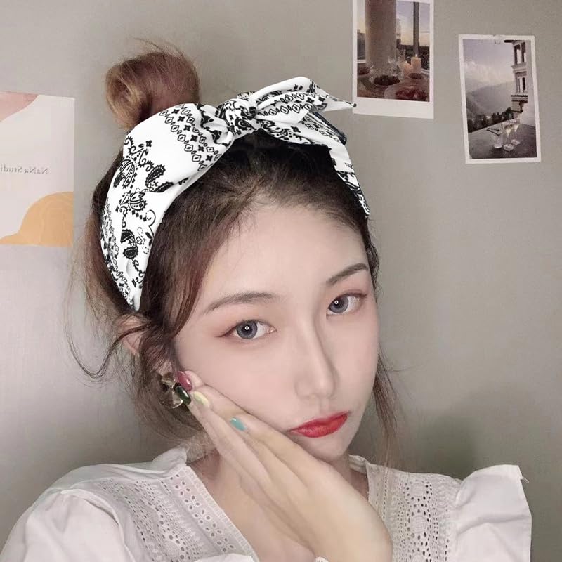Boho Knotted Bow Hairbands with Paisley Print - Rabbit Ear and Bowknot Designs for Women and Girls, Hair Accessories - color: white