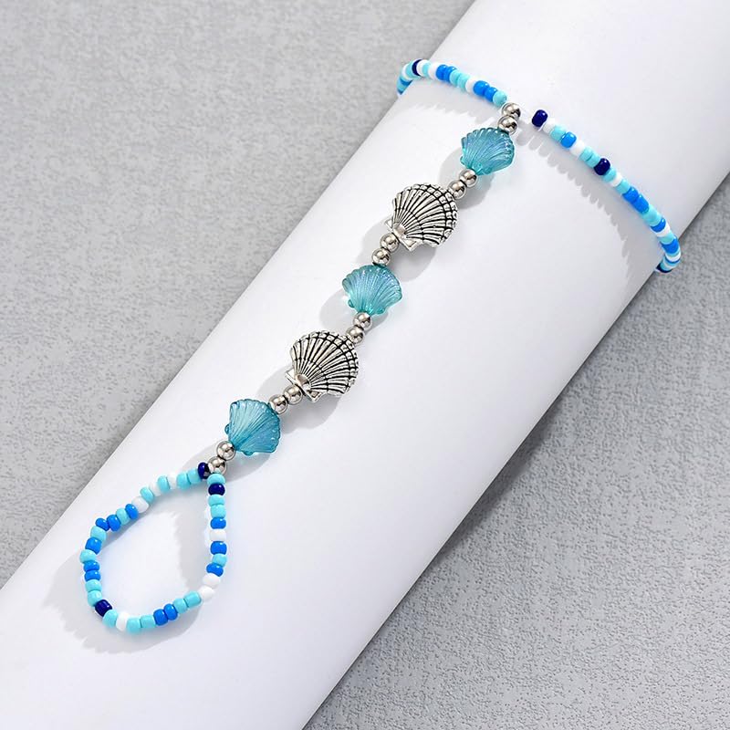 Bohemian Beaded Shell Anklet Barefoot Sandals Ocean Blue Seashell Beach Adjustable Ankle with Toe Ring for Women Dainty Foot Chains Jewelry