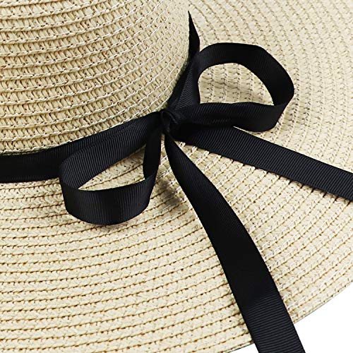 DRESHOW Beach Hats for Women Big Straw Wide Brim Summer Hat Floppy Foldable Roll up Cap Sun Hat UPF 50+ - color: Ada Beige 5.9" Brim, 1 Pack