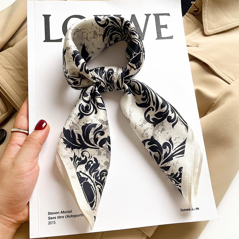 FEIBOON Mulberry Silk Scarfs Neck Scarf 21" Small Square Scarfs hair scarf bandana Neckerchief Headscarf for Women - color: Black+beige