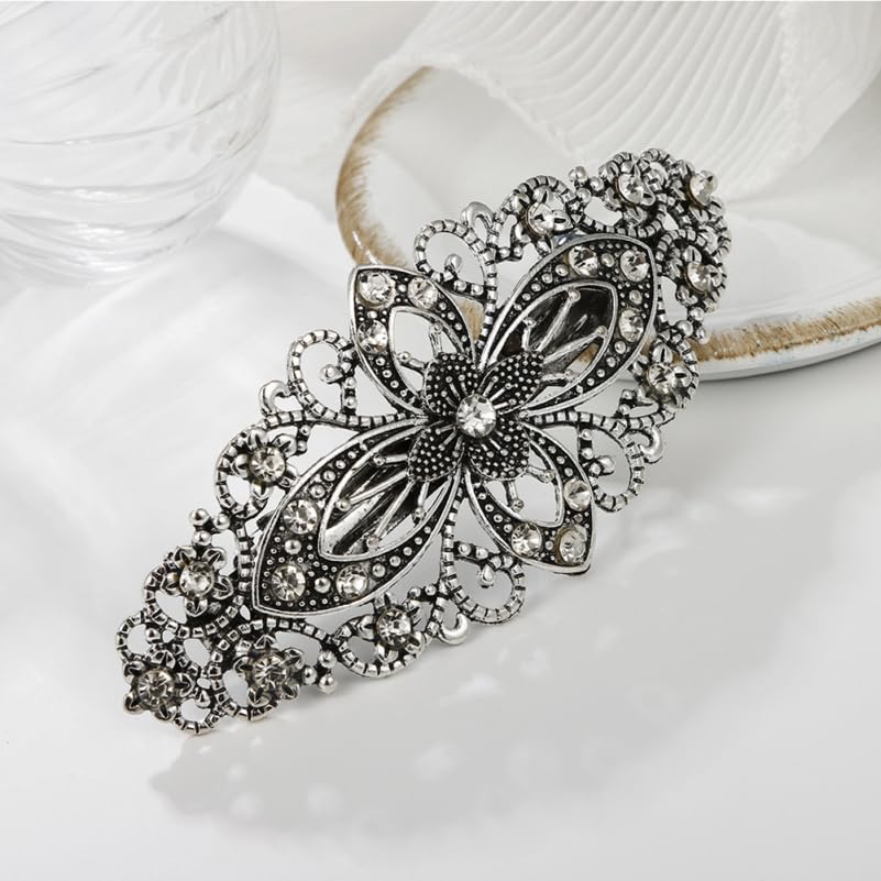 FRCOLOR 2Pcs Vintage Floral Hair Clips for Women Rhinestone Hair Barrettes for Styling Ponytails Updos Decorative Metal Accessories