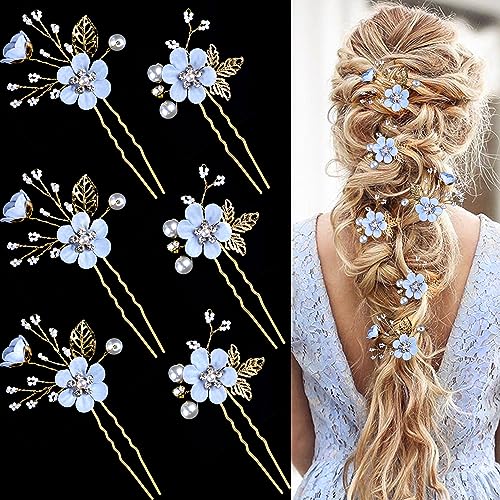 6 Pieces Bridal Flower Wedding Hair Pins Crystal Pearl Hair Pins Clips Headpiece Gold Wedding Hair Accessories Jewelry with Rhinestone for Brides Bridesmaids Women Girls Updo (Special Cream Blue) - color: Special Cream Blue