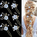 6 Pieces Bridal Flower Wedding Hair Pins Crystal Pearl Hair Pins Clips Headpiece Gold Wedding Hair Accessories Jewelry with Rhinestone for Brides Bridesmaids Women Girls Updo (Special Cream Blue) - color: Special Cream Blue
