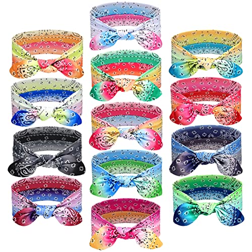 WILLBOND 13 Pieces Bandana Headband for Women Paisley Hair Bandanas Boho Bow Headbands Elastic Knot Rabbit Ear Head Wrap Cute Hair Accessories for Women 7.87x2.75 Inch (Gradient Color) - color: Gradient Color